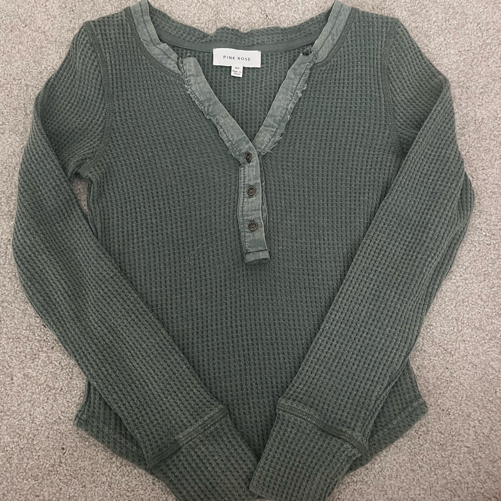 Pink Rose Olive Waffle Knit Pullover